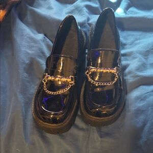 SHEIN Black Patent Loafers with Gold Chain